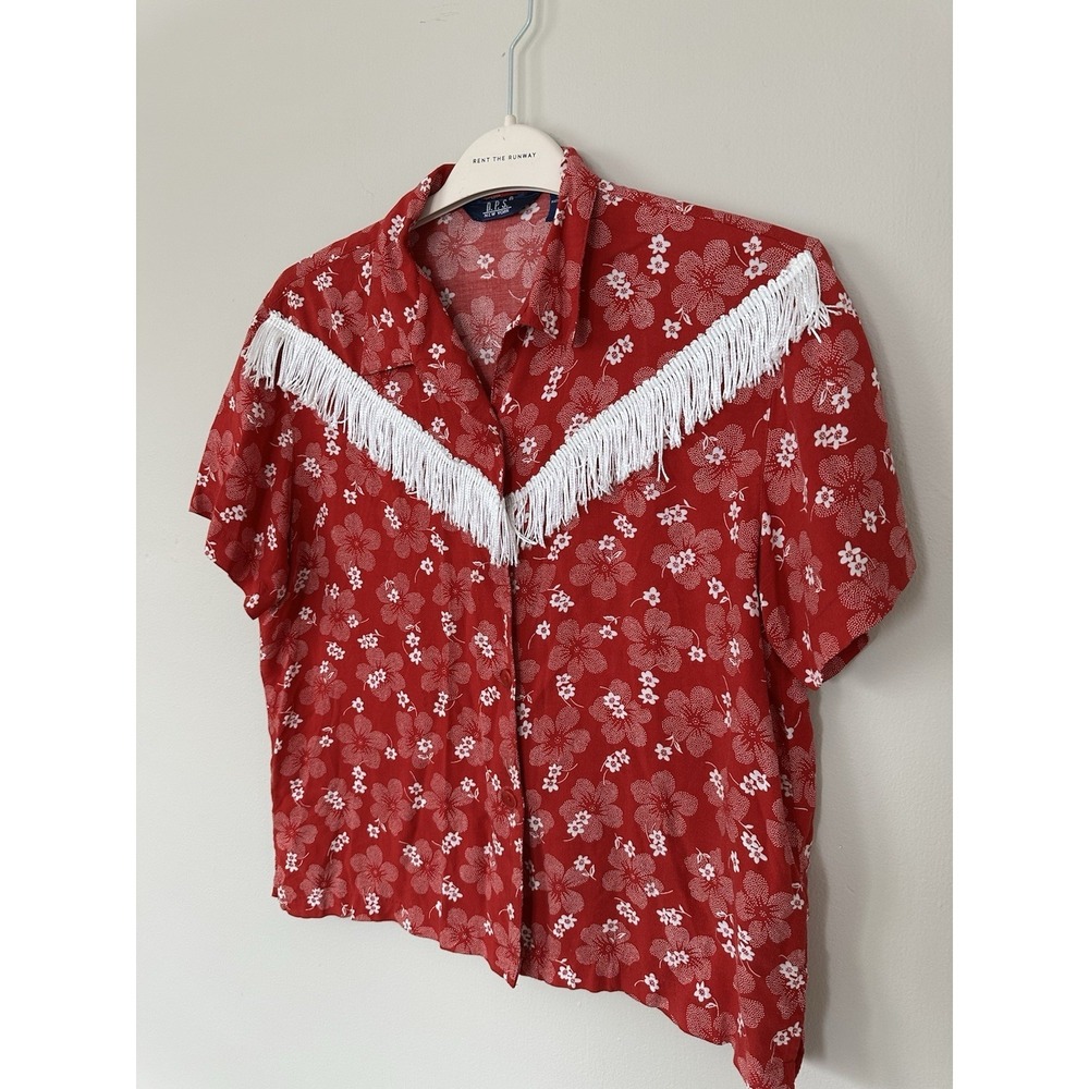 VTG Womens Fringe Western Rodeo Short Sleeve Barrel Race Red Floral Shirt Top